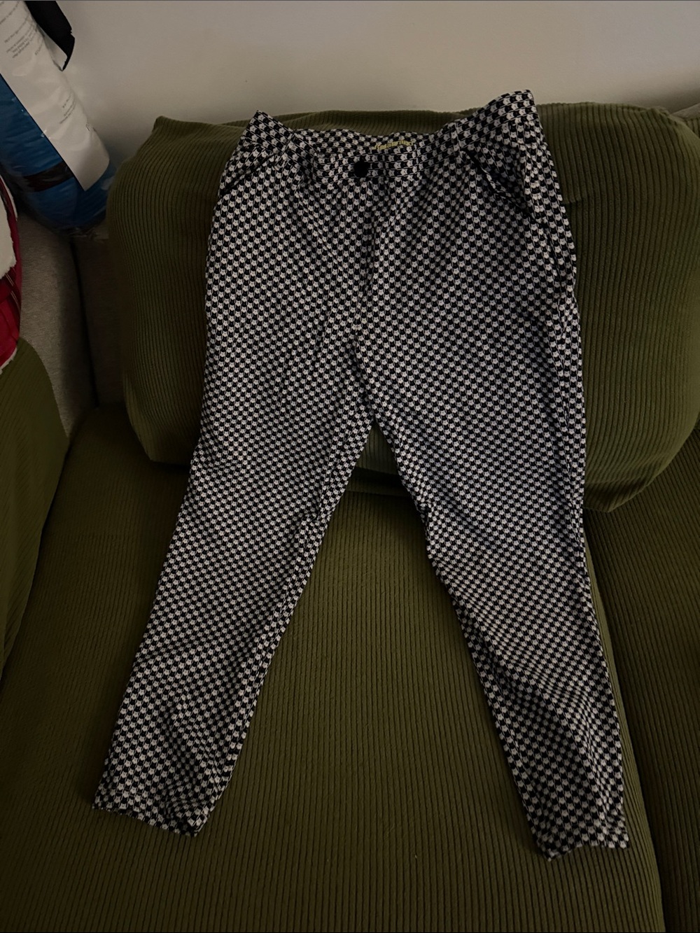 Betabrand Black and White Patterned Lounge Pants with Olive Waistband